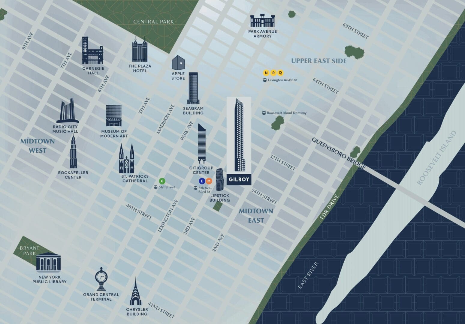 A map of the city with buildings and streets.